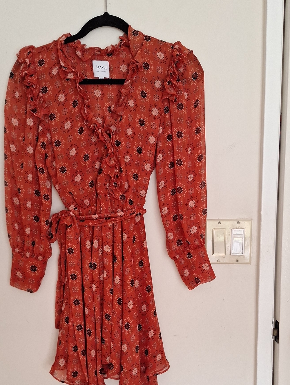 Misa Los Angeles Rust Floral Long Sleeve Ruffle Dress Xs Belt Gold Lines